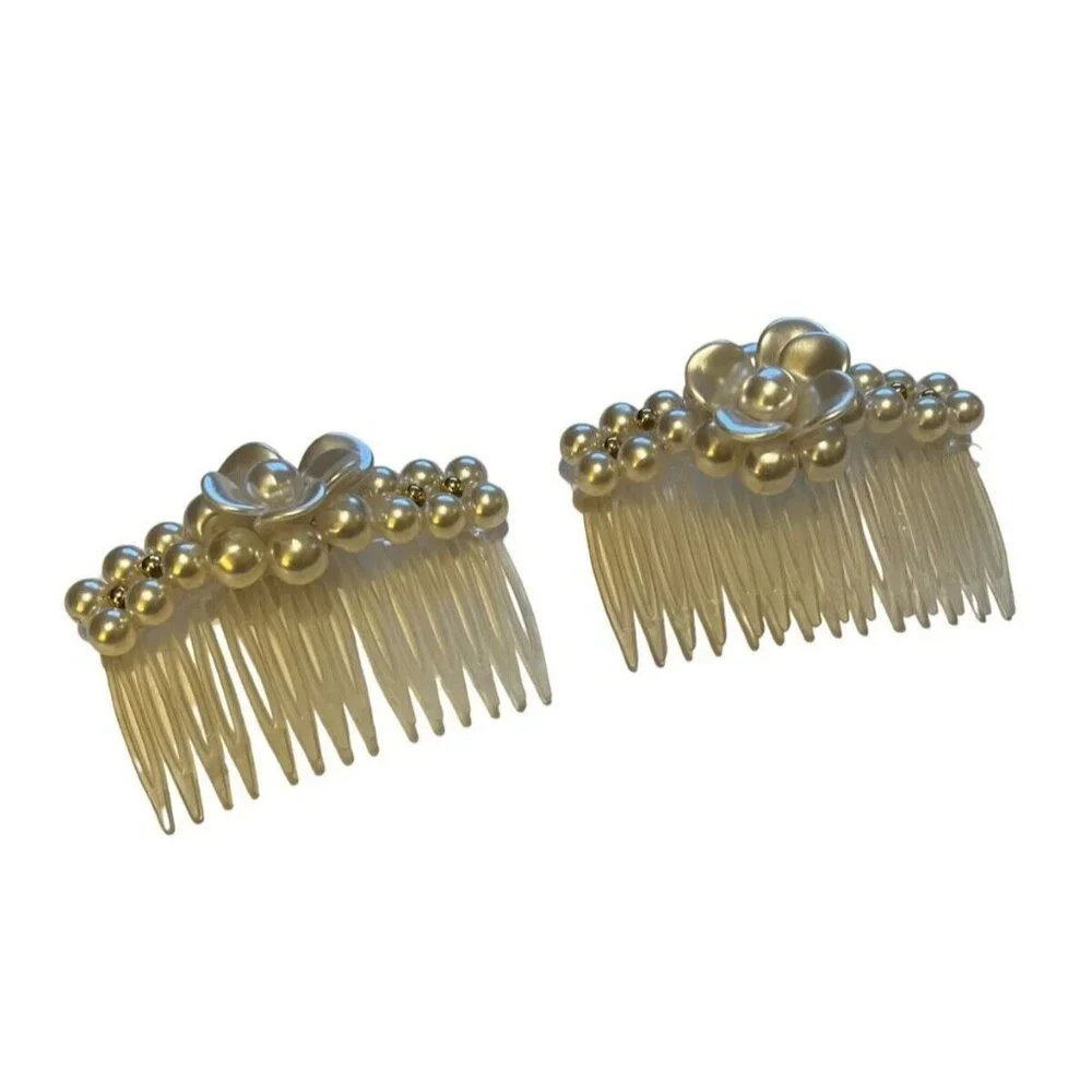 Pair 2 Creamy White Flower Faux Pearl Wedding Bridal Prom Hair Combs NEW